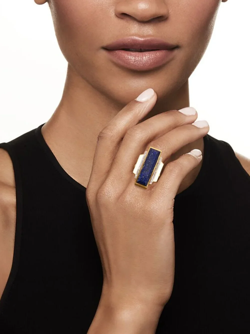 NIB WOW Art Deco Lapis & White Topaz Enamel in 18kt Gold Over Sterling - 5 -5.25